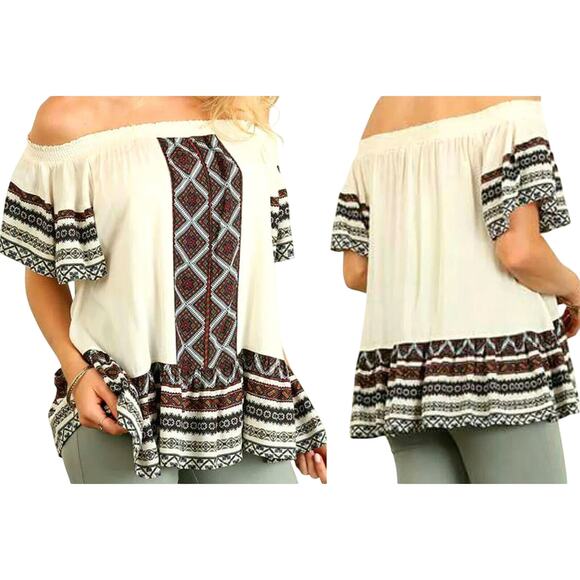 Umgee Tops - Umgee Top Size M Off Shoulder Western Bohemian Tribal Relaxed Tunic Womens Shirt